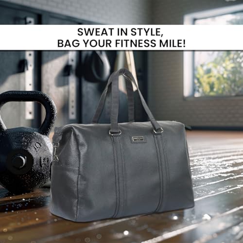 Image of Kenneth Cole 30L PU Duffle Bag for Travel & Gym | Spacious Unisex Handbag with Metal Hardware for Men & Women | Ideal for Weekend Trips & Workouts | Black