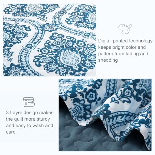 Exclusivo Mezcla Reversible Boho Quilt Set King Size, 3 Pieces Damask Blue All Season Bedspreads, Ultra Soft Floral Coverlet Bedding Set with Printed Pattern (1 Quilt, 2 Pillow Shams)