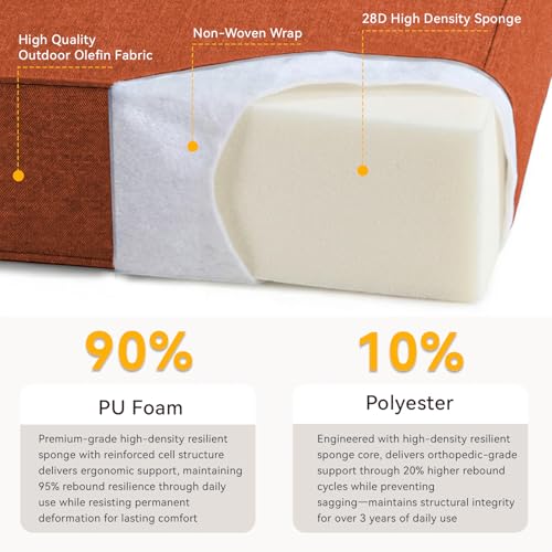 Image of 6 inch Thick Outdoor Chair Cushions - 24 inch* 24 inch Patio Furniture Cushions with Water Resistant & Removable Cover, 28D High Density Sponge Patio Cushion for Outdoor Furniture Couch Chair Orange