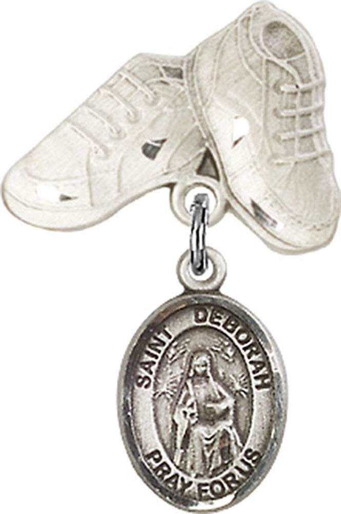 Jewels Obsession Baby Badge with St. Deborah Charm and Baby Boots Pin | Sterling Silver Baby Badge with St. Deborah Charm and Baby Boots Pin - Made In USA