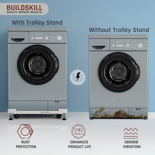 Image of Buildskill Washing Machine Stand /Trolley, Fridge Stand, Dishwasher Stand, Top & Front Load Washing Machine Stand, Supports upto 160KG, Reduces Vibration, Adjustable Mechanism with Locks (White)