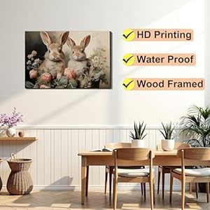 FLWAN Framed Easter Wall Art for Living Room Decorations Vintage Bunny Floral Painting Canvas Prints for Bedroom Farmhouse Rabbit Artwork Picture Wall Decor Spring Easter Decor P41