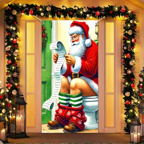 Image of BlissYard Christmas Door Cover 71x35 Inch Funny Santa Reading List Door Banner, Merry Christmas Winter Porch Sign for Front Door, Holiday Party Indoor Outdoor Decor Farmhouse Entry Hanging Cover