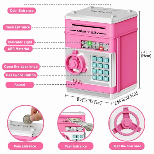 Image of Refasy Piggy Bank Cash Coin Can ATM Bank Electronic Coin Money Bank for Kids Age 3-12, Money Savings Box Mini ATM Coin Bank Toys Gifts for 3 4 5 6 7 8 9 10 11 12 Year Old Boys Girls