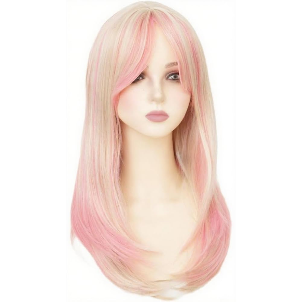 Salaibs Pink and Blonde Straight Long Wigs for Women Pink Middle Part Synthetic Fiber Hair Wig for Cosplay Costume Halloween Party Use - Image 4
