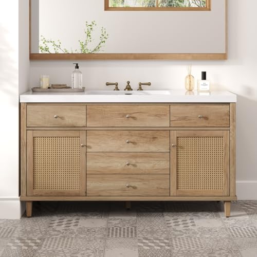 Virubi 60 in Farmhouse Bathroom Vanity with Single Sink Solid Wood& MDF Bathroom Sink Cabinet with 5 Drawers & 2 Soft-Closing Door Freestanding (Antique Natural Wood 60 in)