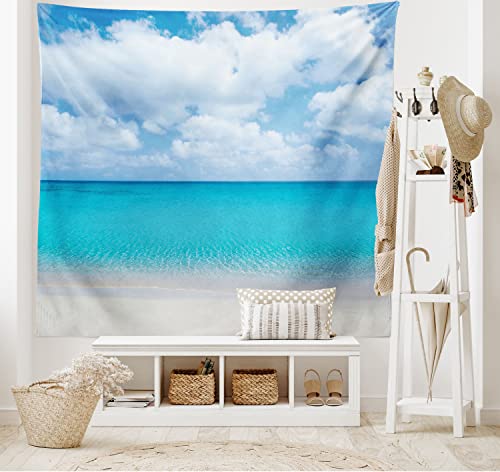 Ambesonne Ocean Tapestry, Solitude Peaceful Beach Scene Sea and Cloudy Sky Paradise View Print, Wide Wall Hanging for Bedroom Living Room Dorm, 60