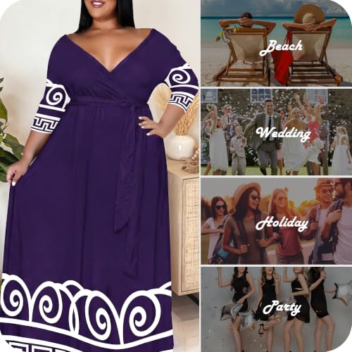 Image of Nmoder Plus Size Maxi Dress for Women - Summer Casual 3 /4 Sleeve Floral Flowy Long Dress with Belt XL- 6XL