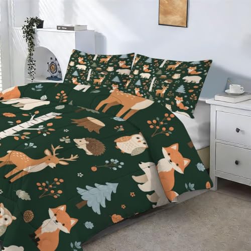Image of Twin Green Forest Animal Comforter Set for Kids Bedroom Decor