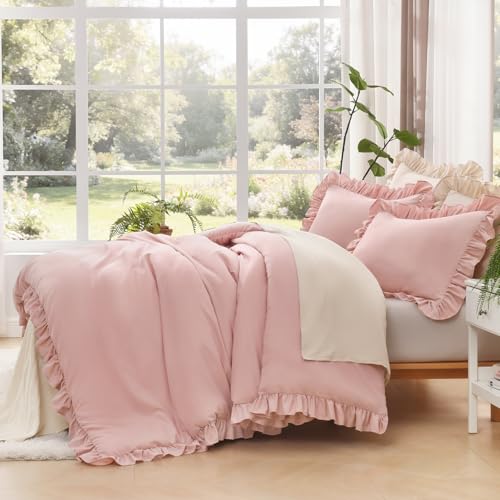 Image of Litanika Full Size Comforter Sets, 3 Pieces Blush Pink Ruffle Girls Women Cute Bedding Comforters & Sets, Lightweight Fluffy Microfiber as Gift (79x90In Comforter & 2 Pillowcases)