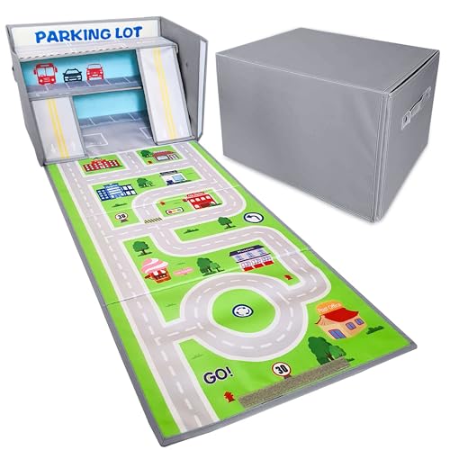SAM AND MABEL Toy Car Garage Box with Play Mat – Kids' Racecar Storage Basket, Stackable and Collapsible Organizer Bin (Cars Not Included) Gray