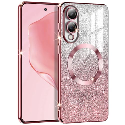 Casetego for Galaxy S25 Edge Case,Compatible with MagSafe,Clear Magnetic Glitter Gradient Sparkle Luxury Plated Soft TPU Bumper Full Camera Lens Protector for Samsung Galaxy S25 Edge,All Rose Gold