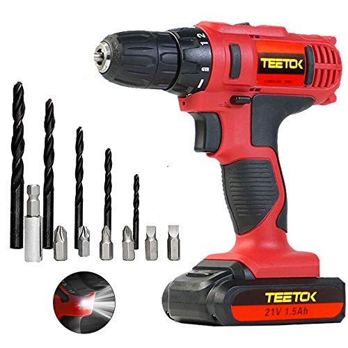 TEETOK 21V Akku-Bohrschrauber Akkuschrauber 12Pcs Lithium-Ionen Elektroschrauber Schraubendreher Zubehörsatz LED Arbeitslicht Schnellwechselbatterie 1500mAh Cover