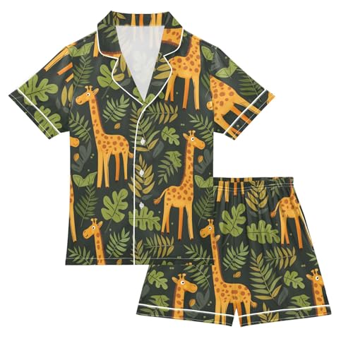 Giraffe and Leaves Summer Satin Pajama Set, Cute Button-Down Sleepwear Pj Set for Sleep Wears