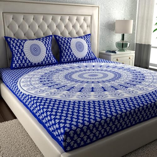 Image of LA VERNE 104 TC Cotton Double Bed Bedsheet Jaipuri Rajasthani Print Bedsheet with 2 Pillow Covers (White, Blue)