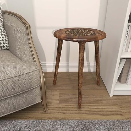 Image of WOOYNEX Wooden Table with Three Legs Modern Round Coffee Table and Side Table for Small Spaces with Pillar, Wood Books, Magazines, and Plant Stand for Living Room Entryway Table (Burnt a) 12x15size