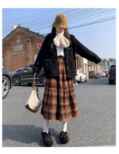 utcoco Women's Vintage Plaid Midi Skirt High Waist A Line Tiered Flared Patchwork Long Skirt for Fall & Winter4