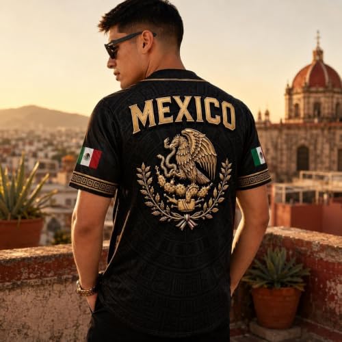 Jersey de béisbol de México para hombres y mujeres, camisa con botones de la bandera mexicana, jersey de manga corta con diseño de águila azteca miniatura 5