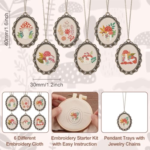 Image of INFUNLY 6 Sets DIY Mushroom Necklace Embroidery Kit for Adult Beginner Embroidery Pendant Kit Mushroom Theme Embroidery Stitching Necklace Kit Cross Stitch Kits with Instructions for Women Gift