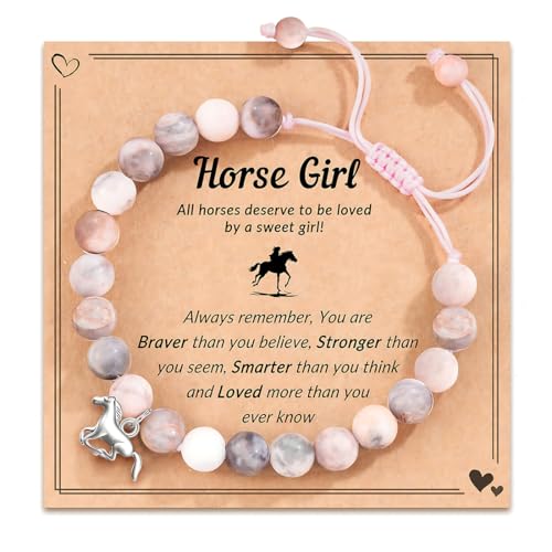 UYVPAER Pulseira com pingente de cavalo de pedra natural rosa, presente para meninas, pulseira com pingente de cavalo para menina, neta, filha, sobrinha que ama cavalos, L, pedra (A)