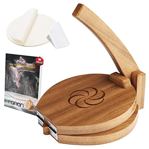 panan Wooden Tortilla Press Mexican Tortillera Presser Made from Natural Food-Grade Acacia Wood - Large Wood Pataconera with 50 Pieces Parchment Paper, Dough Cutter and Recipes eBook (Round 10")