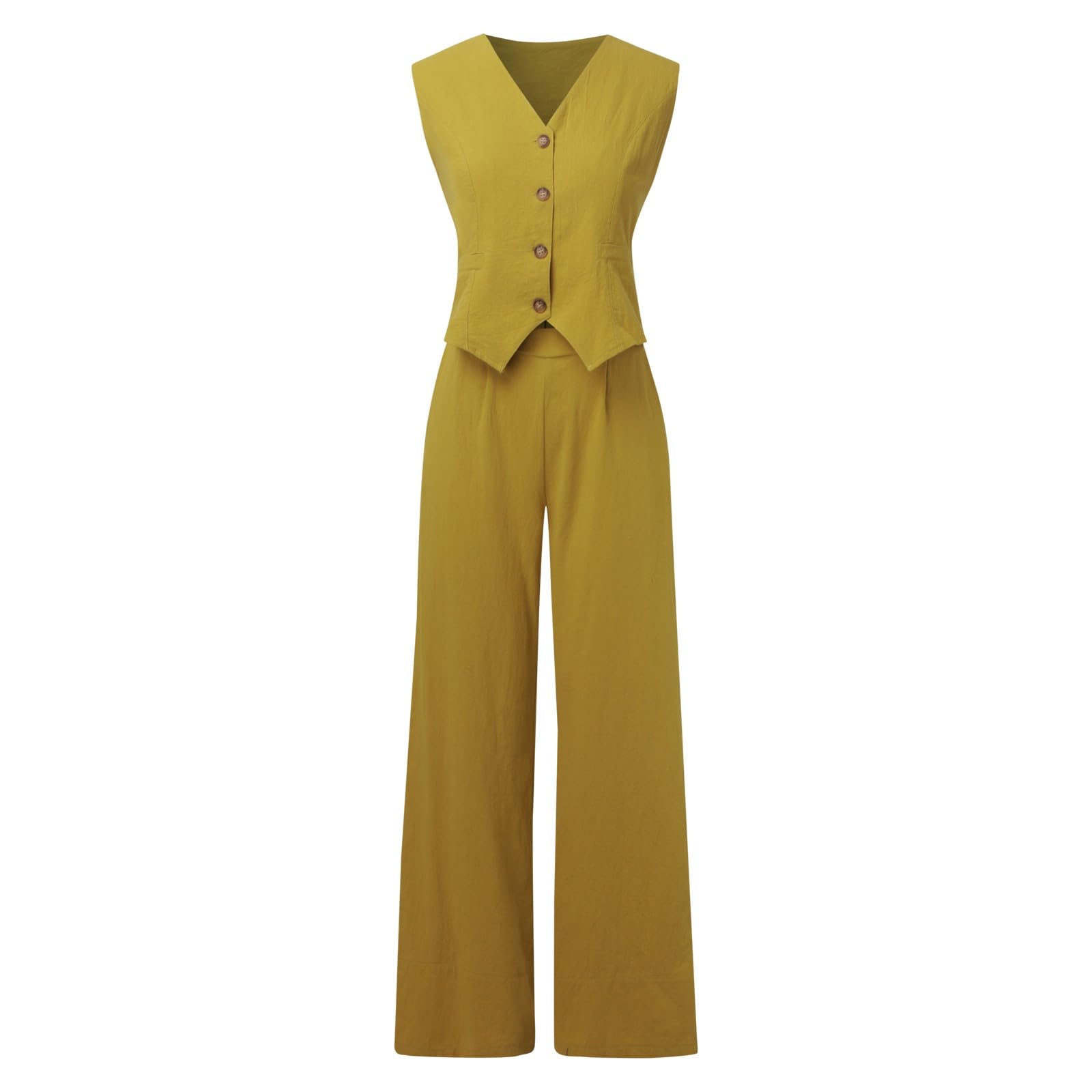 Generico Completo Casual da Donna in Cotone 2 Pezzi Camicia da Donna Senza Maniche con Bottoni Pantaloni Dritti a Gamba Larga con Tasche