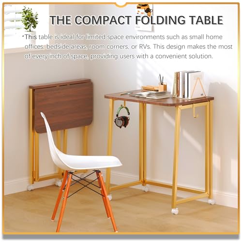 Image of 4NM 23.6 inch Mobile Small Folding Desk, Foldable Rolling Computer Home Office Desk, Study Writing Table for Small Space Saving Bedroom, with Wheels - Brown and Gold