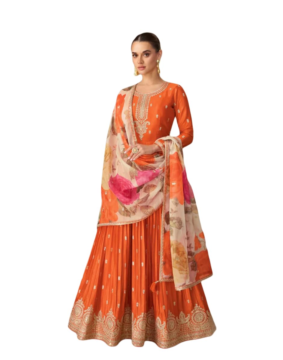 Women’s Orange Chinon Embroidered A-Line Gown with Organza Dupatta | Fully Stitched | Full Sleeves (SSW-1307-Orange)-image-49