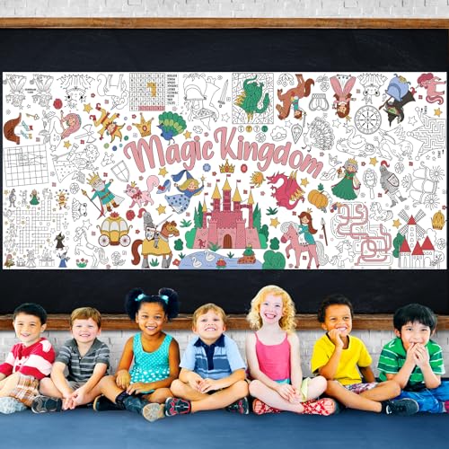 Image of Magic Kingdom Giant Coloring Poster for Kids 30 x 72 Inch, Princess Large Coloring Poster Tablecloth, Fairy Themed Color-in Activities Games for Kids School Classroom Home Party Supplies Decorations