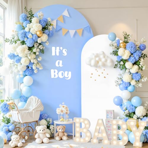 Image of White Blue Photo Arch Backdrop Cover Set of 2-7.2 and 6ft Spandex Arch Covers Stretchy Backdrop Baby Shower Arch Stand Covers for Boys Birthday Party Wedding Balloon Arch Background Decorations