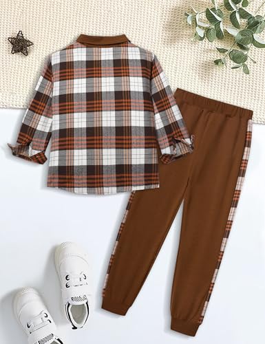 Image of Oranchids Boys Clothes Size 6 7 Boys' Clothing Sets Long Sleeve Brown Plaid Shirts Button Down Sweatshirt Jogger Fall Outfits Winter Clothes Thanksgiving Outfit