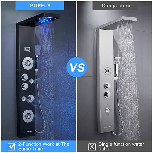 Popfly Stainless Steel Shower Panel Tower System, 8-Function Led Rainfall Waterfall Shower Massage Column With Body Jets, 3-Function Handheld Shower, Tub Spout, Black #TOP2