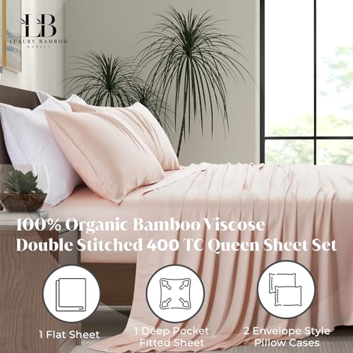 Image of Luxury Bamboo Market | Queen Size Bed Sheet Set | 100% Viscose Made from Bamboo | Organically Grown | Ultra Soft | Cooling Sheets for Hot Sleepers | 17 inch Deep Pocket [Vintage Pink]