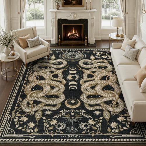 DCX 8x10 Washable Snake Rug for Living Room, Non Slip Low Pile Rug, Black