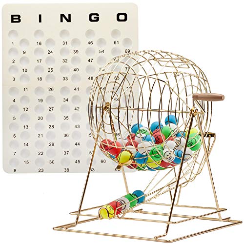 GSE Games & Sports Expert Professional Bingo Game Set. Including Extra Large Brass Bingo Cage, 1.5-Inch Ping Pong Style Bingo Balls, Plastic Masterboard (3 Colors Available) (Brass Cage)