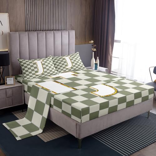 Image of Erosebridal Sage Green Checkered Bedding Set Queen Plaid Initial J Bed Sheets Personalized Monogram Sheet Set Kids Boys Girls,Fashion Grids Gingham Fitted Top Sheets 4 Piece