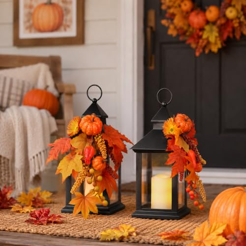 Image of Fall Lanterns Decorative Indoor, 14 inch Autumn Decor Black Outdoor Lantern | Battery Operated, Waterproof Harvest Lantern with Timer Candle, Thanksgiving Decorations for Porch, Patio, Entryway, Mantel