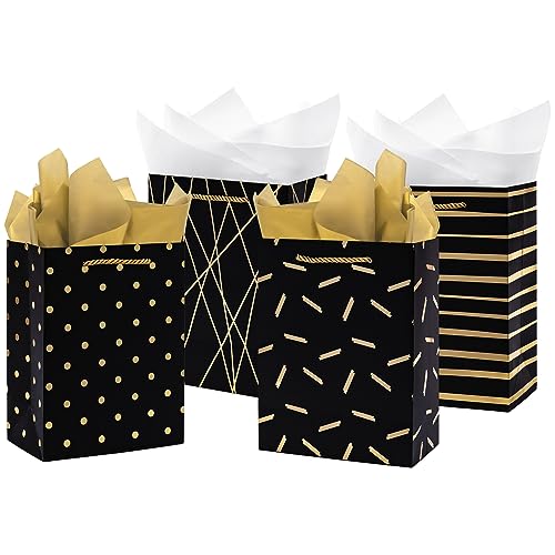 Nihuecne 9 Medium Size Gift Bags with Tissue Paper 4 Pack Black Gold Wrap Paper Gift Bags with Handles for Shopping Parties Birthday Holiday Presents 4 Designs