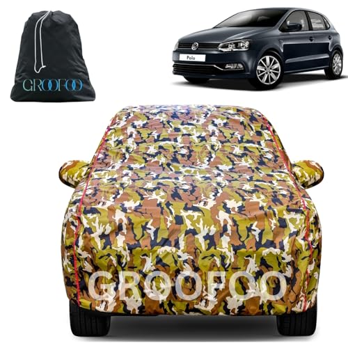 Image of GROOFOO Waterproof Car Body Cover with Mirror Pockets Compatible with Volkswagen Polo | Triple Stitch Blue Piping Car Cover UV & Dust Proof All-Weather Protection, Adjustable Buckle (Army and Red)