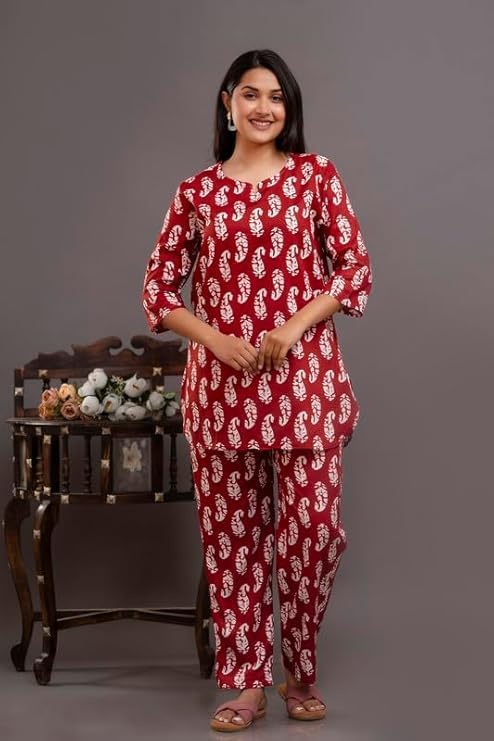Image of Pure Cotton Printed Night Suit Set | Top Pyjama Set for Women | Night Dress of Kurta Pyjama Set for Women | Kurta Top Set