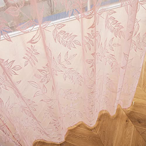Sutuo Home Pink Lace Curtains 84 Inches Long, Leaf Embroidery Window Sheer Drapes Pair Knitted, Rod Pocket Vintage Country Window Treatments Set Of 2 Panels For Bedroom Living Room, 57" W X 84" L #TOP6