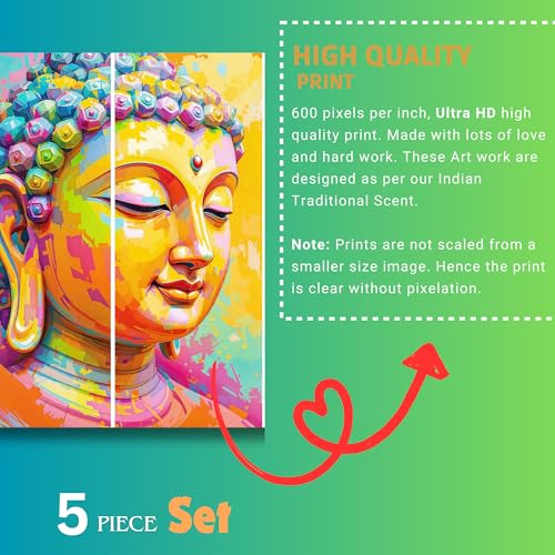 Image of Gautam Buddha MDF Wall Painting with Sparkle Laminated | Big Size Lord Buddha 5 Piece Wall Painting for Living Room Big Size | Wall Decor Items for Home, Office & Bedroom