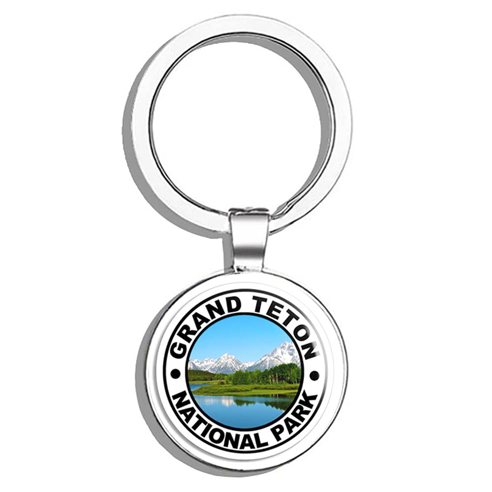 Round Grand Teton National Park - Hike Hiking rv Visit wy Double Sided Stainless Steel Keychain Key Ring Chain Holder Car/Key Finder