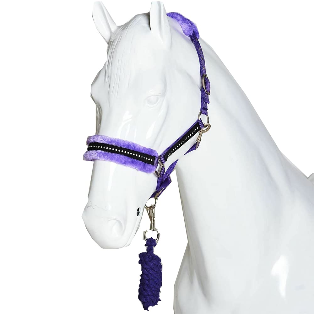 Fluffy Headcollar and Leadrope Set - Diamante Soft Fur Padded Halters for Horses - Super Flexible and Adjustable Pony Controller Equipment for Training and Outdoor Riding (Full, Purple)
