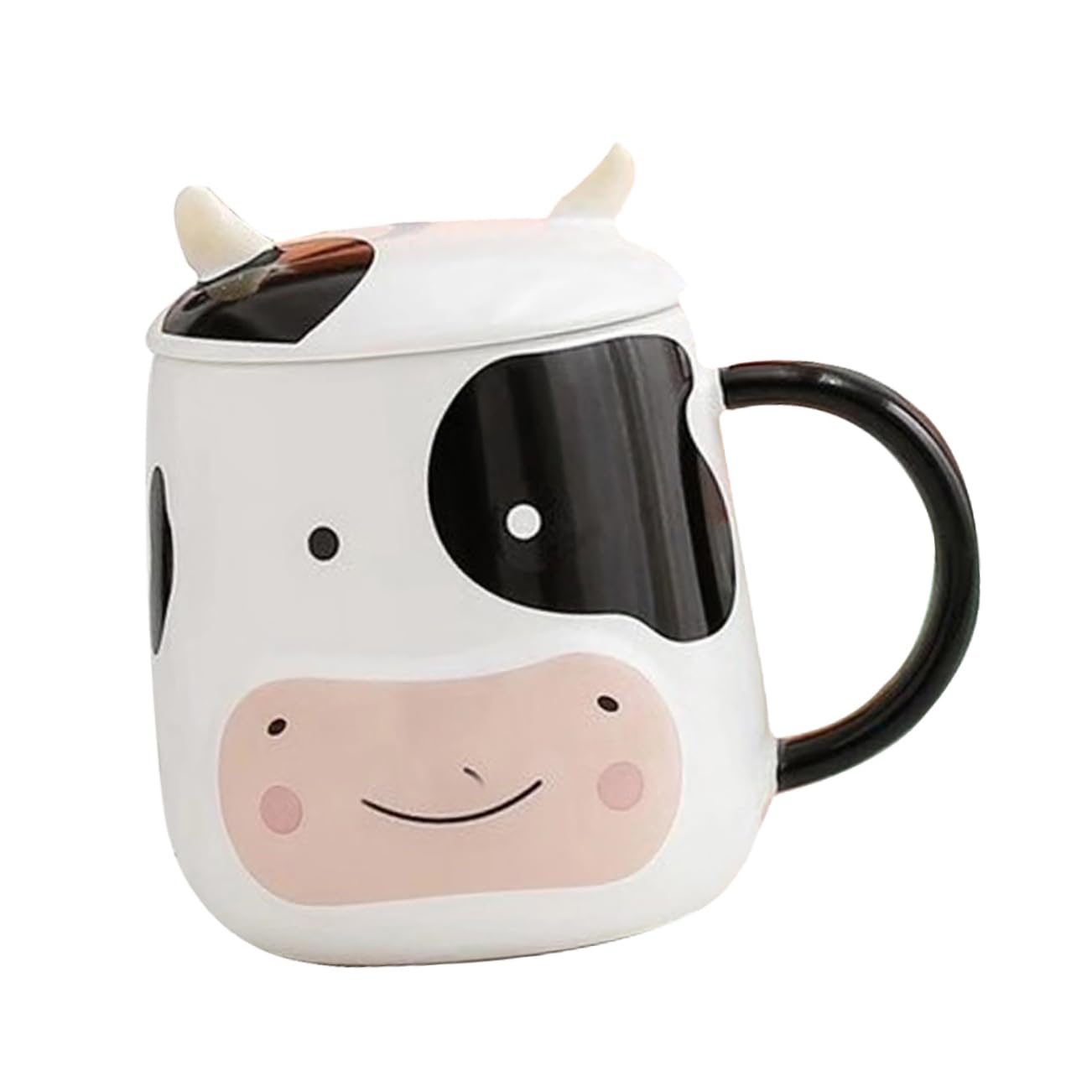 Keramik Kaffeebecher 450ml mit Deckel und Löffel Milch und Teetasse für Kinder Stilvoller Porzellanbecher mit Niedlichem Kuh Design