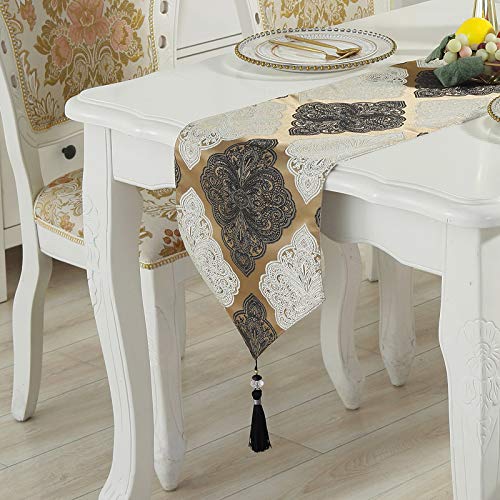 Prior.choice Elegant White Bronze Damask Thick Jacquard Deco Tassels Wedding Party Hotel Restaurant Bed Table Runner Cloth (13Inch X 80Inch) (Bronze) #TOP6