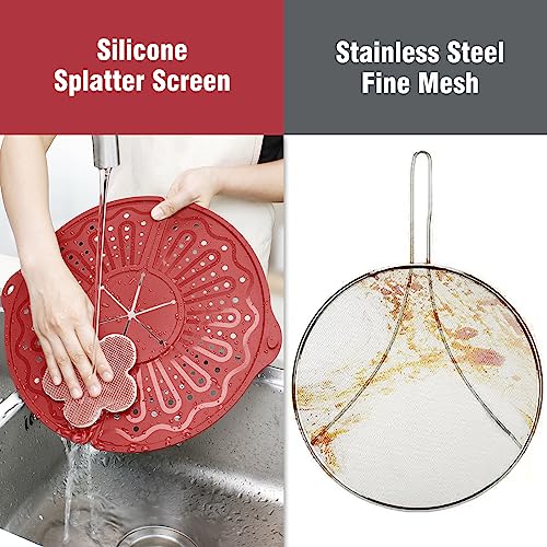Image of Silicone Splatter Screen For 10, 11 and 12 Inch Frying Pan, Foldable, Multi-Use Grease Trivet Mat, 12 inch Non-Stick Oil Splatter Guard For Mixer, Dishwasher Safe, BPA Free,Red