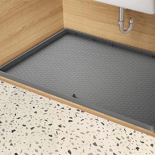 Kitchen Vista Under Sink Mat for kitchen and bathroom Cabinets 34’’ x 22’’ | Silicone Sink Cabinet Protector with Drain Hole,Flexible Sink Drip Tray | Under Sink Organizers and Storage, Grey