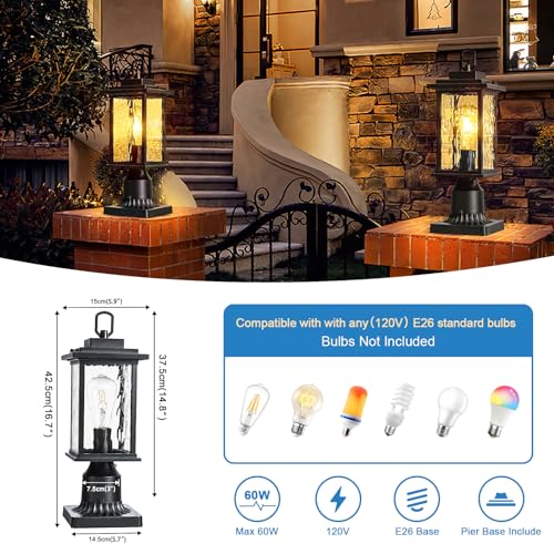 Dusk to Dawn Outdoor Lamp Post Light for Lawn Porch Backyard Passages, Waterproof Aluminum Pier Mount Outdoor Lighting, Black Outside Pole Post Lantern with Pier Mount Base and Clear Glass