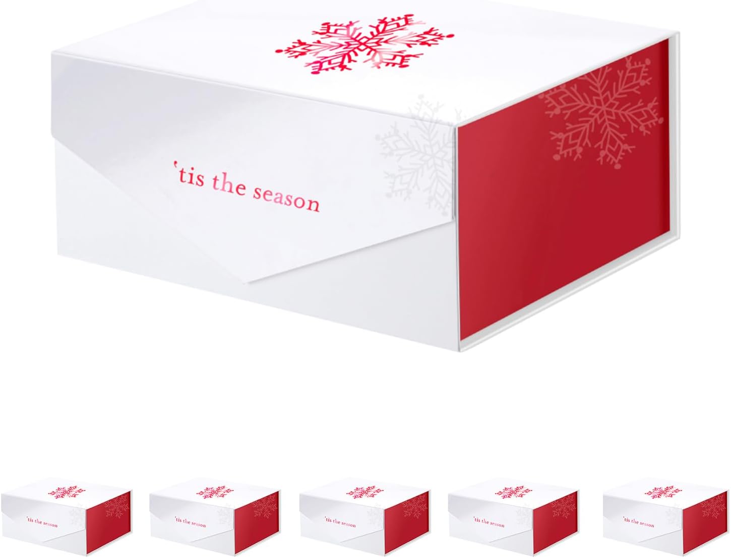 PACKHOME 6 Christmas Gift Boxes with Lids 9x6.5x3.8 Inches, Rectangle Collapsible Boxes with Magnetic Lids for Gift Packaging (Red Snowflake Pattern)